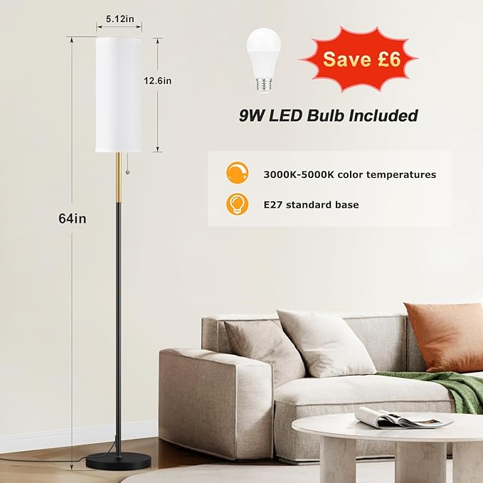 Ambimall 64'' Floor Lamp for Living Room with 3 Color Temperatures Bulb, Minimalist Pole Lamp, White Lampshade, Black & Gold Pole