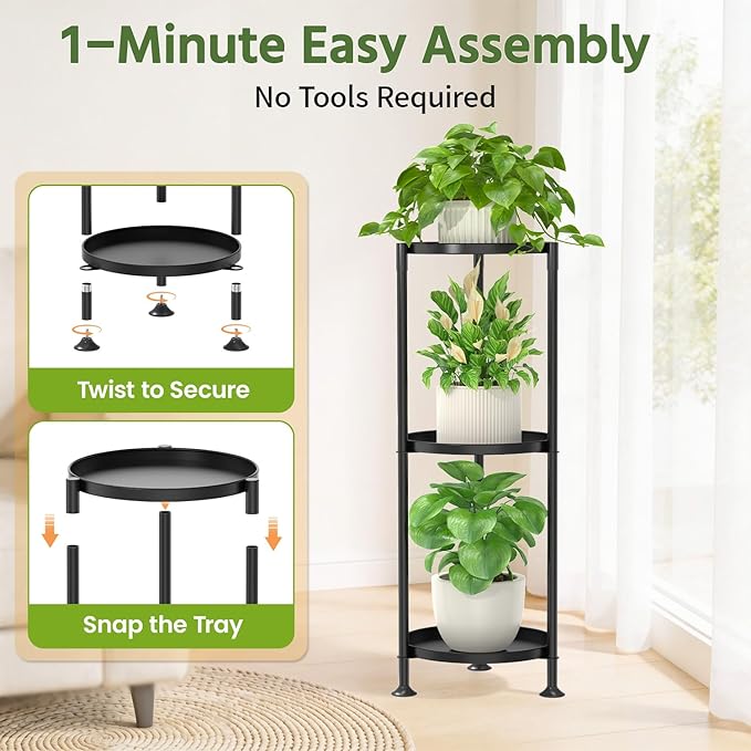 LASZOLA 3 Tier Plant Stand Indoor with Large Metal Tray, Corner Round Flower Holder Rack Tall Outdoor, Morden Planter Display Shelf for Patio Porch Garden Office Living Room, Black