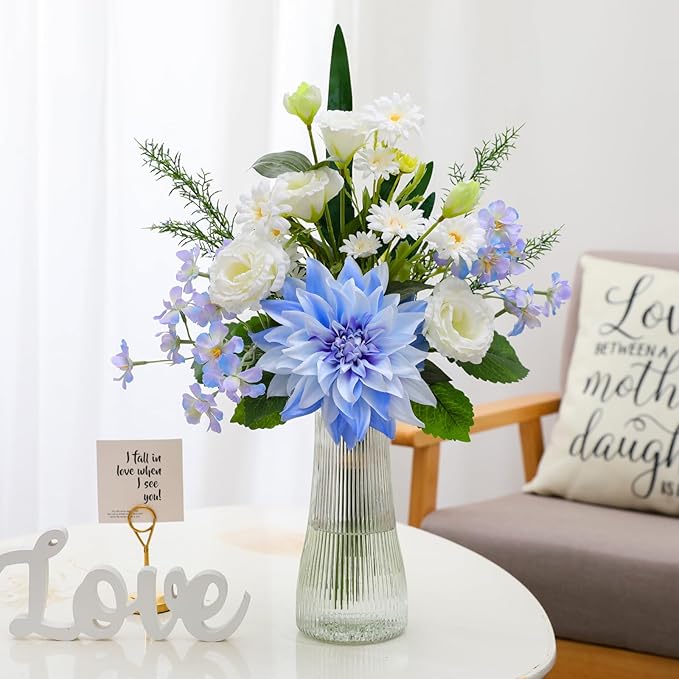 Artificial Flowers – Elegant Flower Bouquet, Faux Silk Dahlia & White Roses Floral Arrangement Fake Plant Decor for Home Indoor, Farmhouse kitchen Dining Decoration Wedding Table Centerpiece