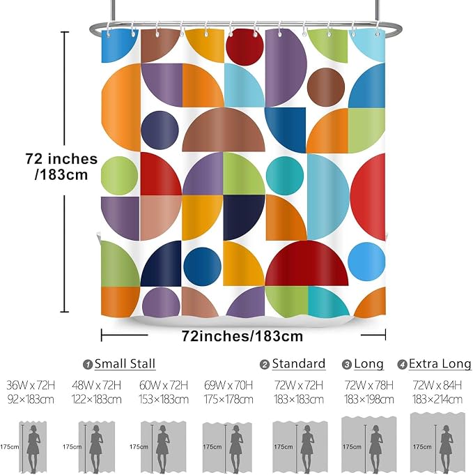 Colorful Modern Geometric Shower Curtain Vintage Mid Century Boho Abstract Art Bathroom Curtain Decor 72x72 Inch Washable Fabric Retro Bright Cute Circle Patterned Bath Curtain with 12 Hooks