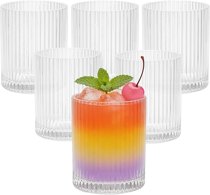 XKXKKE 14 oz Ribbed Drinking Glasses Set of 6, High Clear Vintage Iced Coffee Cups Elegant Glassware, Highball Glass Cups Ridged Glass Tumbler for Cocktail, Whiskey, Beer, Water, Juice, Origami Style