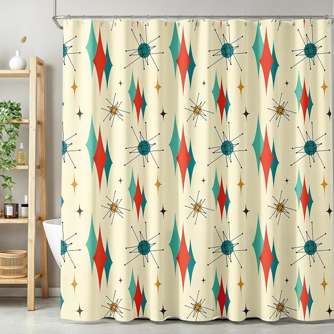 Mid Century Modern Shower Curtain,Retro Abstract Atomic Starburst Geometric Diamond Pattern Shower Curtains Set for Bathroom Fabric Decorative Bath Curtain Washable Curtain Hooks, 72x72 inch