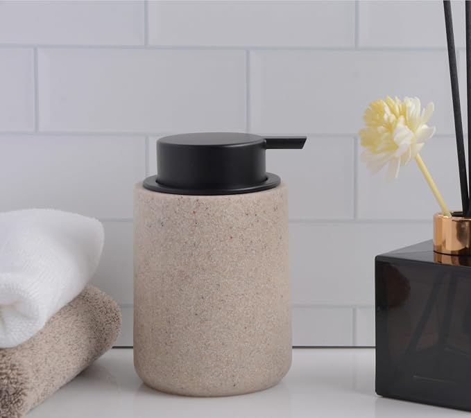 Clasin Home Resin Hand Soap Dispenser Easy-to-Press Liquid Pump, Refillable Soap Dispenser with Sandstone Like Finish, Waterproof Bottle Labels for Bathroom Kitchen Dish Lotion (Beige,10 oz)