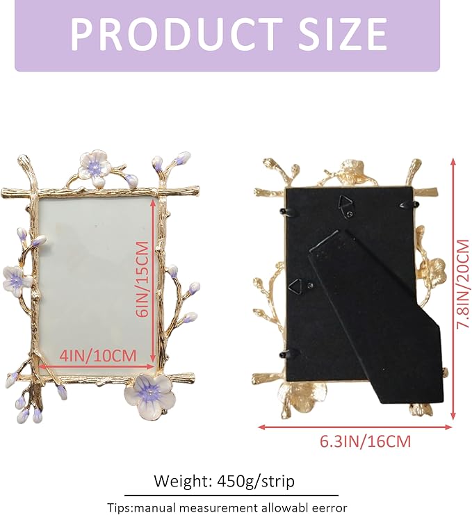 Vintage 4X6 Purple Picture Frame with Enamel Finis Glass Front - Ornate Antique Metal Flowers Photo Frame Tabletop/Wall Display Bedroom, Anniversary, Wedding Decorations and Gifts