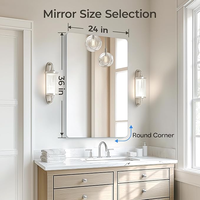 USHOWER 2-Pack Frameless Bathroom Mirrors for Over Sink, 24x36 Inch Rectangular Vanity Mirror with Rounded Corner, Shatterproof Mirror for Vanity, Bedroom, Entryway Upgraded & Remodel