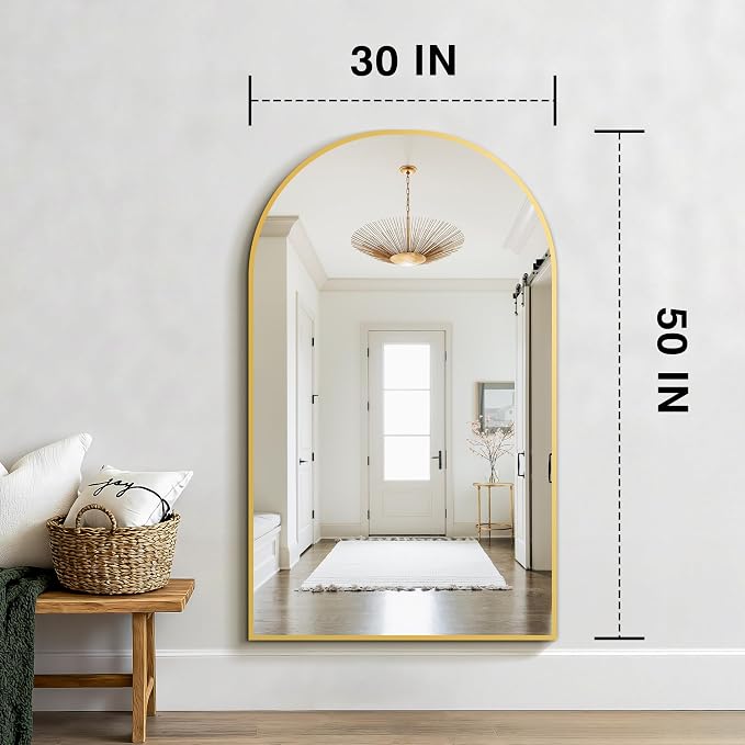 FICTOR Bathroom Mirror for Wall, Arched Vanity Bathroom Mirror for Over Sink, Metal Framed with HD Shatter-Proof Glass for Entryway, Living Room,Bedroom(30” x 50”, Gold)
