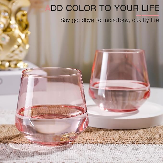 Pink Stemless Wine Glass Set of 6-14oz Wine Glasses, Stemless Drinking Glasses for Wine, Cocktails & Beverages - Elegant Glassware for Home, Bar & Holiday Use