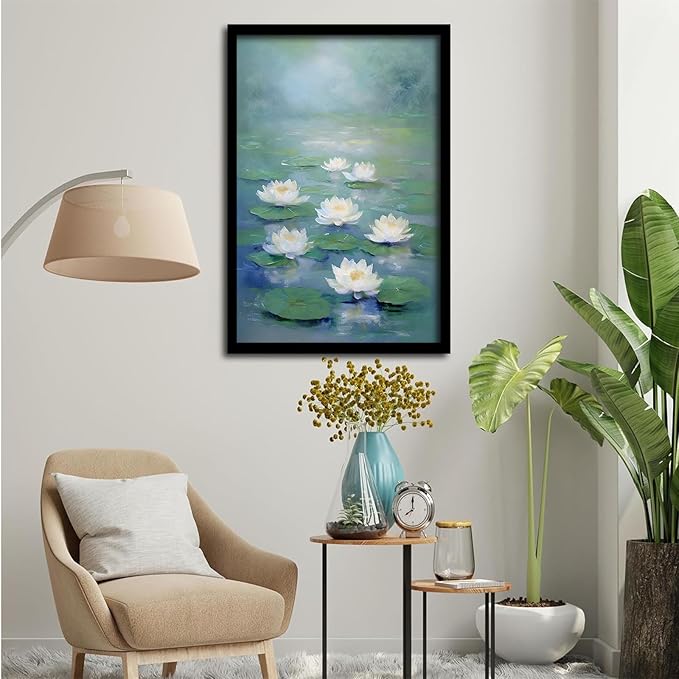 Zen wall art Delicate white lotus flower floating on calm water Vintage oil painting print Serene aquatic wall art creates a tranquil home decor 12x18in Metal blackFramed