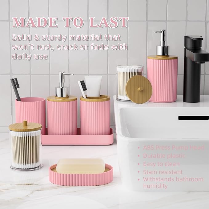 10PC Bathroom Accessories Set - Pink and Wooden Bathroom Sets, Bathroom Accessory Set with Pop Up Trash Can, Toilet Brush, Trash Can, Qtip Holder & Soap Dispenser