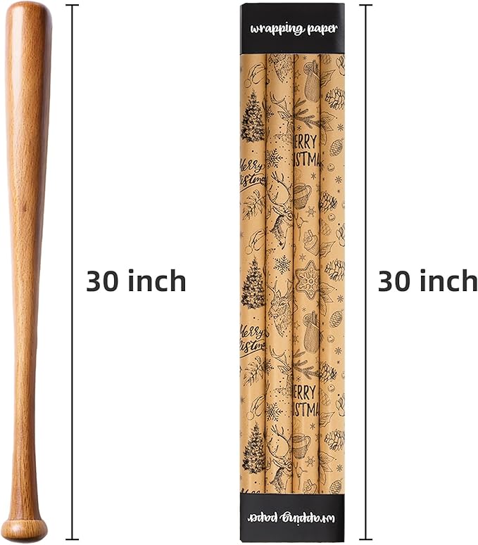 MAYPLUSS Kraft Christmas Wrapping Paper Jumbo Roll - 30 In X 120 In Per Roll - Vintage Brown Kraft Christmas Ornaments, Gingerbread Cookies, Pinecone & Deer Print Winter Gift Wrap for Rustic Holiday