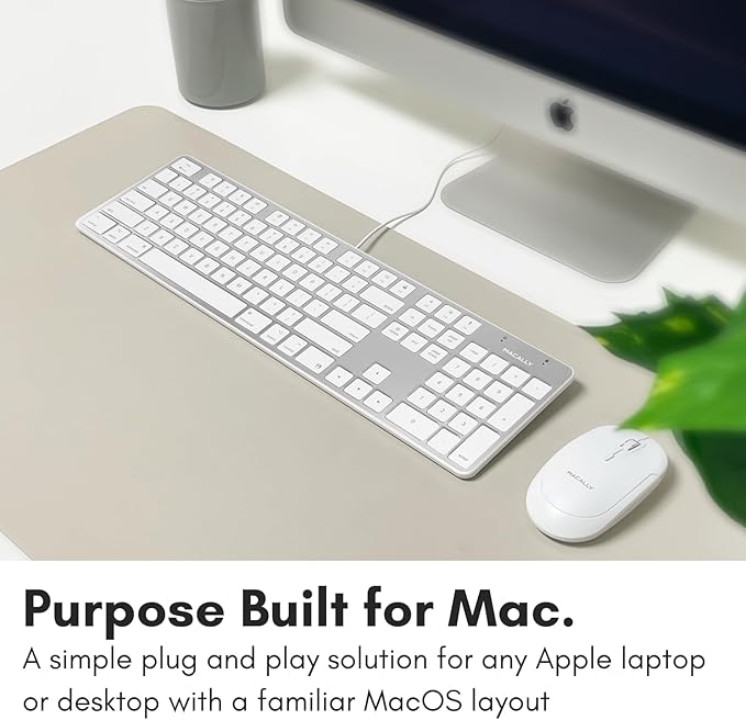 Macally Ultra-Slim USB Wired Keyboard with Number Keypad for Apple Mac Pro, MacBook Pro/Air, iMac, Mac Mini, Laptop Computers, Windows Desktop PC Laptops, Silver (SLIMKEYPROA)