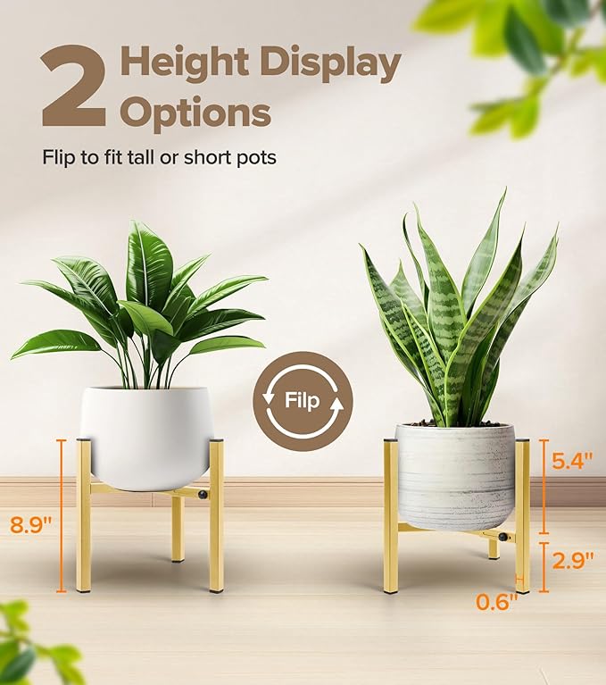Plant Stand Indoor Adjustable, Metal Modern Indoor Plant Stand, Heavy Duty Plant Stands Outdoor Corner, Stable Plant Holder, Fits 8 to 12 Inches Pots, Gold, 1 Pack, Pot & Plant Not Included