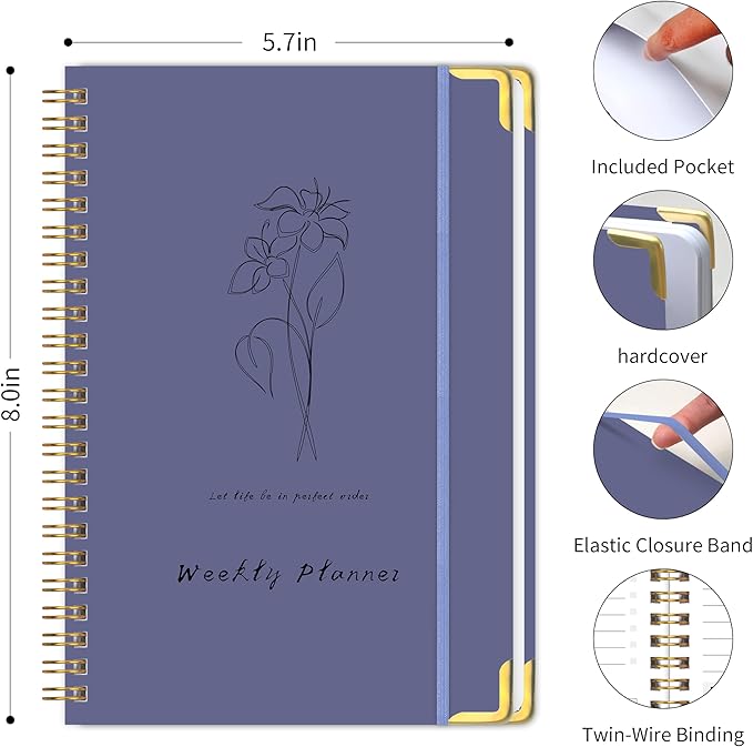 Undated Weekly Planner with Metal Corner Hardcover Notebook , A5 Size Journal with To Do List Planner, Habit Tracker,Weekly Goals for ADHD,Student, Office, Women, Men ,Gifts,6 x 8 inches，Spiral Bindding ,Purple