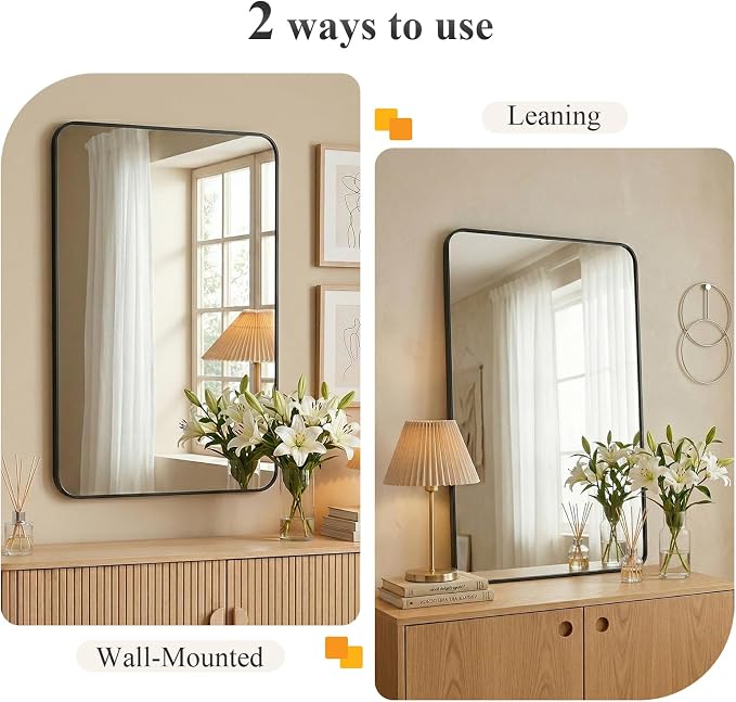 Sweetcrispy Bathroom Mirror for Over Sink, 26x38 Inch Wall Mount Mirror with a Rounded Rectangle and Matte Metal Frame, Modern Wall Vanity Mirrors for Home Decor, Living Room, Bedroom, Black