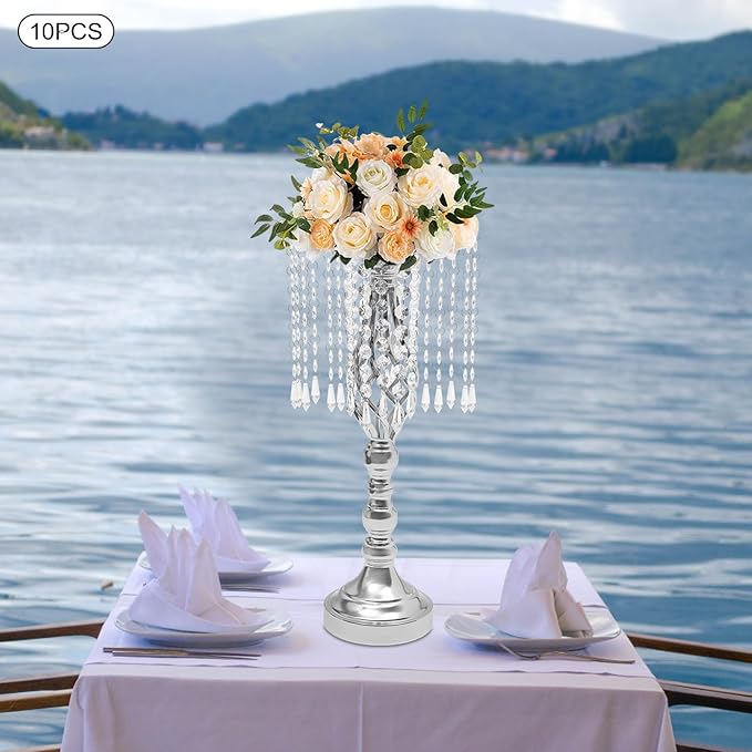 Vase | Bud Vases |10PCS Gold Crystal Flower Stands | Elegant Centerpiece for Weddings & Events | for Wedding Table Centerpieces, Aisle Guides, Party Decorations (Silver)