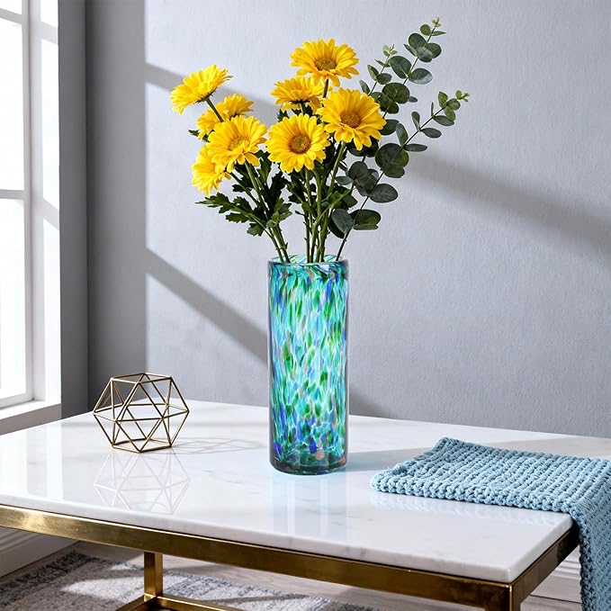 9.45" Tall Teal Vase Hand Blown Glass Vase Green, Modern Teal Home Centerpieces Wide Mouth Vases for Bud&Flower Decor - Ideal Living Room, Kitchen, Wedding, Dining Table, Office Center Table