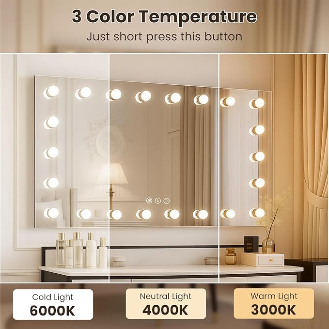 WTTY 60"x28" Hollywood Vanity Mirror with Lights, Wall-Mounted Makeup Mirror with 3 Color Temperatures, Stepless Dimmable Bulbs, Anti-Fog & Shatter-Proof