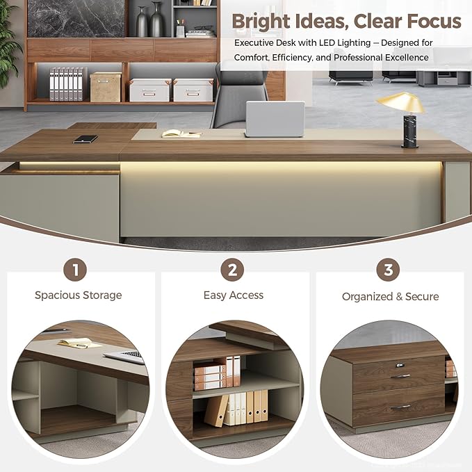 L-Shaped Executive Desk with LED Lights, Lockable Storage & 3-in-1 Charging Station, Reversible Cabinet, Modern Wood Office Desk for CEO, Manager & Home Office(Black Walnut+Khaki, 95"L*71"W*30"H)