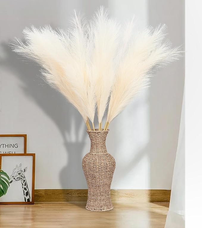 9 Pcs 45" Tall Pampas Grass Beige Decor, Long Stem Artificial Flower Floor Vase Large Faux Floral Pompas Fake Plants Dried Bouquet Arrangement Vase Filler for Boho Home Wedding Decoration
