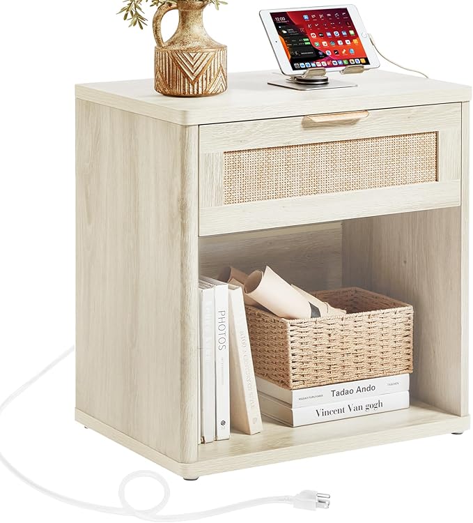 LEYAOYAO Rattan Nightstands Set of 2 with Charging Station, Grey White Night Stand with Drawer, 23" Wide Boho Bedside Table with Storage Shelf, Bed Side End Tables for Bedroom, Living Room, Hallway
