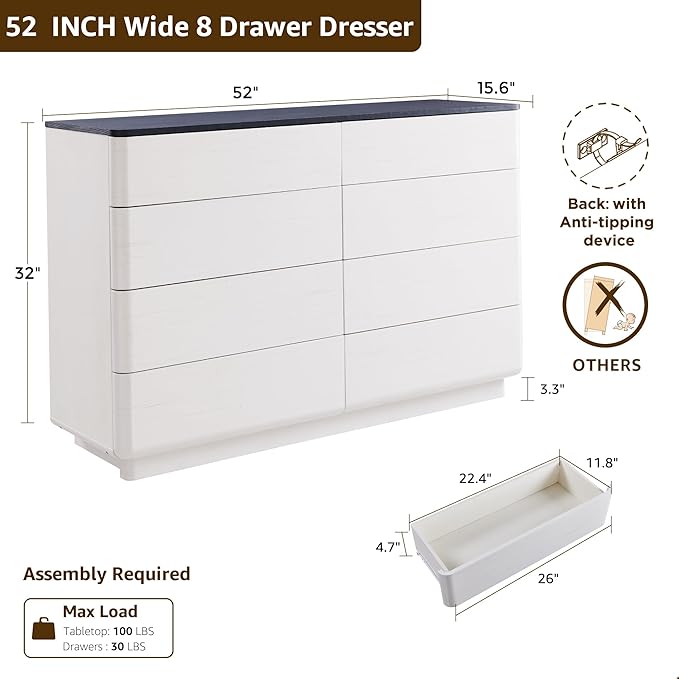 JXQTLINGMU 8 Drawer Dresser for Bedroom, Modern Push-to-Open Chest of Drawers, Large Wood Storage w/Curved Profile & Handleless Design, 52" Wide Dresser TV Stand for Bedroom, Living Room, Off White