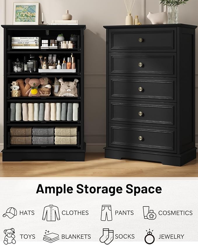 Black 5 Drawer Dresser for Bedroom, 44" Tall Dresser with Metal Handle, Modern Chest of Drawers for Closet Organizer, Farmhouse Wood Dressers for Bedroom, Living Room, Hallway
