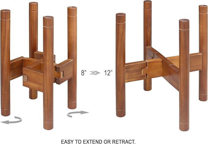 Adjustable Plant Stand for 8–12 Inch Pots, Solid Acacia Wood, Mid-Century Modern Indoor Outdoor Planter Holder with Stainless Steel Screws, Natural Brown (Pot & Plant Not Included)