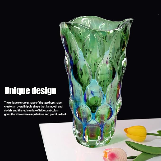 9.5" High Thickened Green Glass Flower Vase for Home Decor, Dining Wedding Table Office Holiday Party Centerpiece Decoration