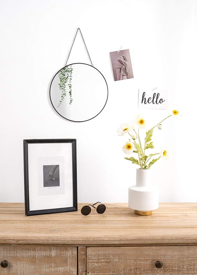 Dahey 11.8-inch Small Hanging Circle Mirror Wall Decor Gold Round Mirror with Hanging Chain for Living Room Bathroom Bedroom Dorm College Office, Black