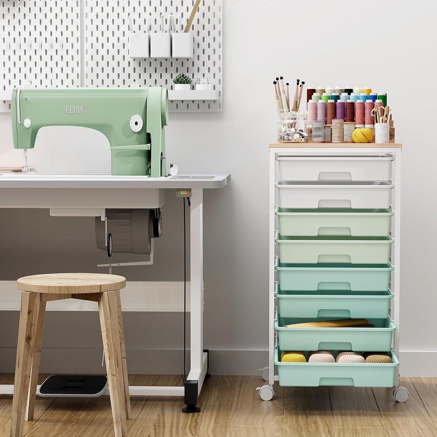 Skiennix Storage Cart - 8 Drawer Utility Cart with White Drawers & Wooden Tabletop | Ideal for Classroom & Office Organization, Green