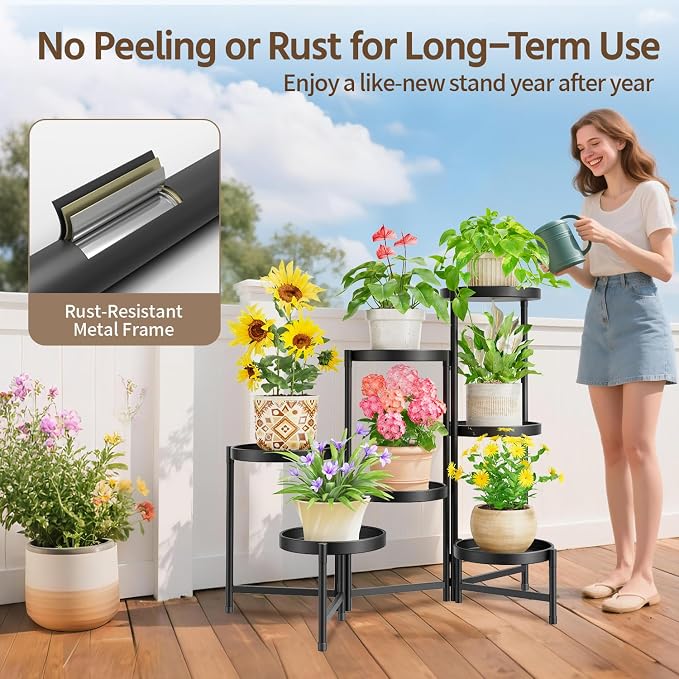 LASZOLA 7 Tier Large Plant Stand Indoor Tall with 10 Inch Metal Tray, Corner Folding Flower Display Rack, Modern Plant Holder Shelf for Outdoor Patio Porch Garden Office Living Room, Black