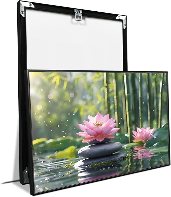 Ethereal pink lotus on obsidian Sunlit bamboo forest with sparkling water drops Poetic nature inspired wall art for tranquil homes and mindful spaces 20x30in Metal blackFramed