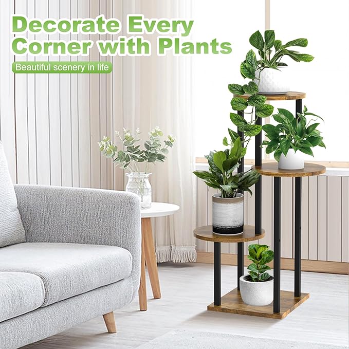 4 Tier Wood Tall Plant Stand Metal Rack Indoor, Multiple Flower Pot Holder Shelves Corner Rack, Round Planter Shelf Display Rack Storage Organizer for Patio Living Room Balcony(Black+Brown)