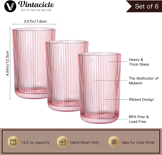 Pink Ribbed Highball Glasses Set of 6, 13.2oz Pink Colored Glassware, Drinking Glasses for Water, Juice, Iced Coffee, Cocktails, Pink Glass Cups, Housewarming Christmas Gift