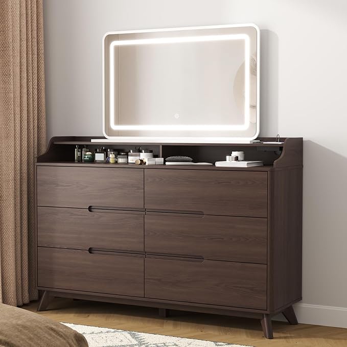 Dresser for Bedroom with 6 Drawers, 55" Large Dresser & Chest of Drawers with Charging Station, Wood Closet Clothes Storage Long Dressers Organizer for Bedroom Living Room Hallway (Brown)