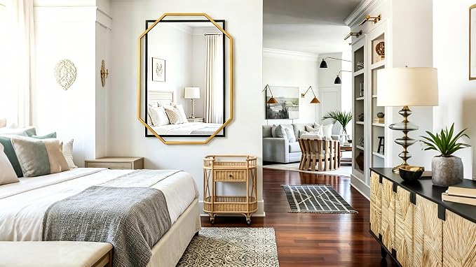 48.5"x32.5" Large Living Room Wall Mirror, Black and Gold Bathroom Mirror, Modern Decorative Metal Frame, for Dining Room, Entryway, Vanity Table, Console Table