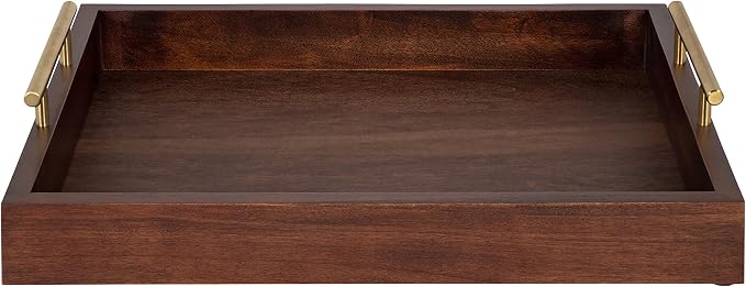 Kate and Laurel Lipton Decorative Wooden Tray with Metal Gold Handles, 16.5" x 12.25", Dark Walnut Brown and Gold