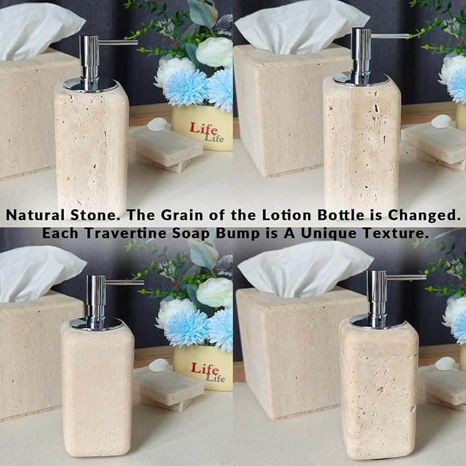 Travertine Stone Soap Dispenser Natural Organic Bathroom Soap Pump with Metal Push Pump, Elegant Square Hand Lotion Jar, Premium Heavy Duty Pump Bottle Lotion Jar for Kitchen/Laundry Room(Ivory White)