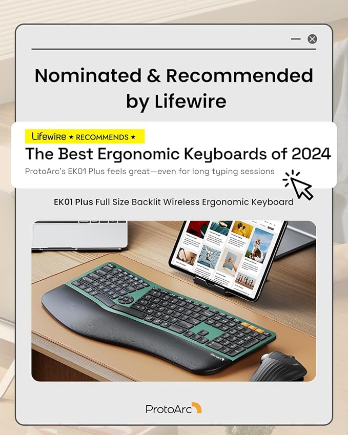 ProtoArc Backlit Bluetooth Ergonomic Keyboard, EK01 Plus Full Size Wireless Split Keyboard with Dual Bluetooth and USB, Cushioned Wrist Rest, Rechargeable, Compatible with Windows/Mac/Android, Green