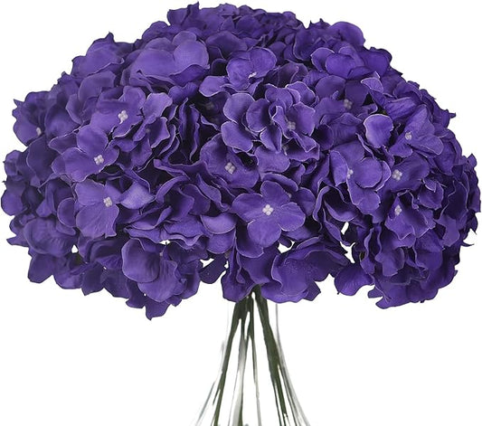 10PCS Artificial Hydrangea Flowers, Fake Hydrangea Silk Flowers Heads with Stems for Wedding Home Party Shop Baby Shower Decoration-Dark Purple