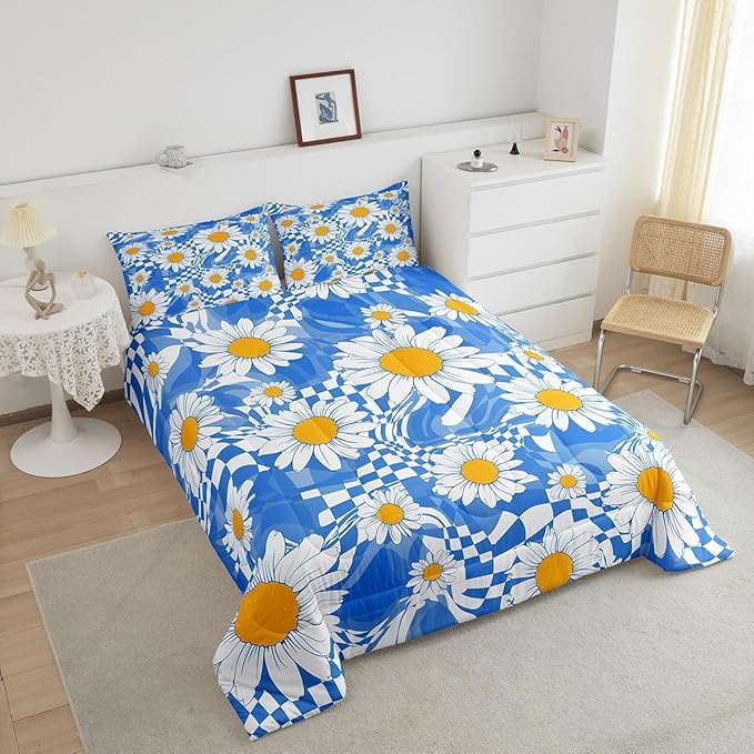 Castle Fairy Kids Abstract Bedding Comforters King Size,White Daisy Flowers Boys Girls Comforter Set Room Decor,Blue Zebra Stripes Geometric Plaid Modern 3pcs Bedding Set Chic Xmas Present