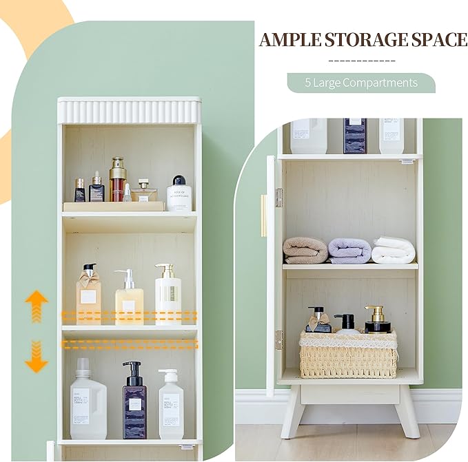 Bifins 68" Tall Bathroom Storage Cabinet,Narrow Fluted Tower Cabinet with Door and Shelves,Slim Space Saving Storage Unit for Bathroom Kitchen Living Room (White, 11.8" D x 15.75" W x 68" H)
