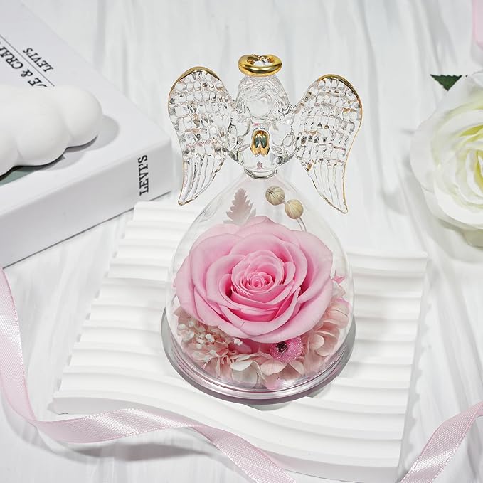 Sunia Preserved Flower Rose Gift for Women - Mother's Day Birthday Gifts for Mom Wife Grandma, Glass Angel Figurines Forever Real Roses Gifts for Her Valentine Day Thanksgiving﻿ (Pink)