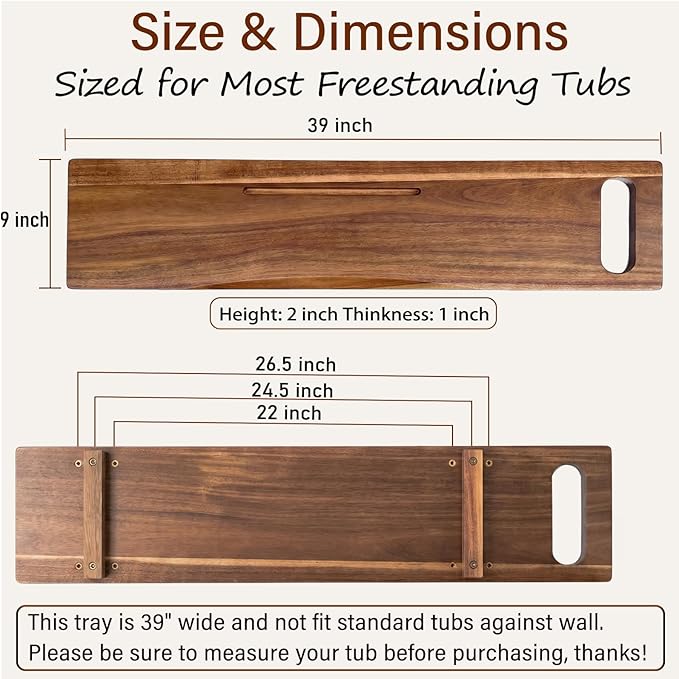 Acacia Wood Bathtub Tray Caddy for Freestanding Tub, 39" L with Handles Adjustable Bath Tray for Tub, Luxury Spa Bathroom Tray Organizer Table, Bath Tub Accessories for Women, Housewarming Gifts