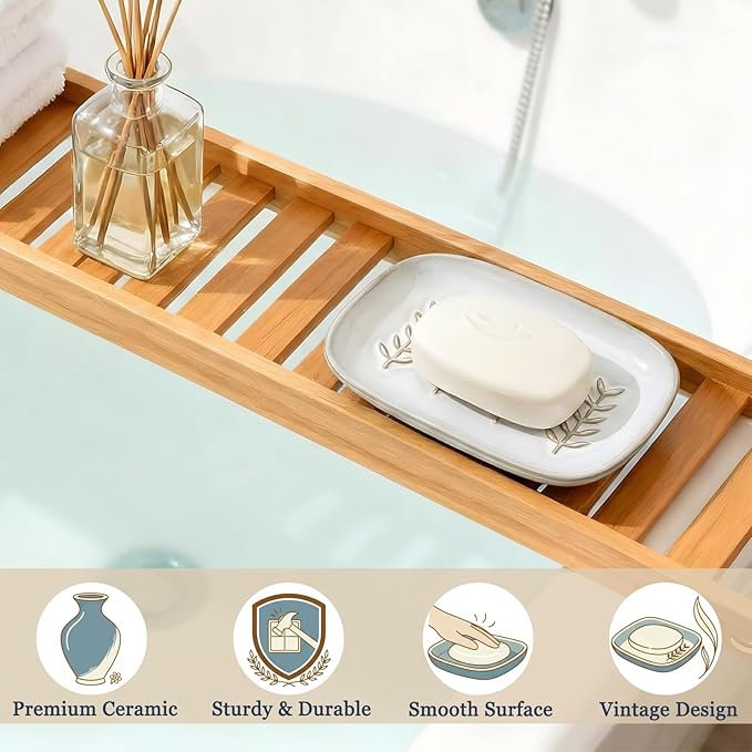 HighHerz Aesthetic Ceramic Soap Dish for Shower, Soap Holder with Raised Relief, Shower Soap Dish for Shampoo Bar Or Sponge, Soap Saver for Bathroom, Kitchen, Sink, Decorative Soap Tray (White)