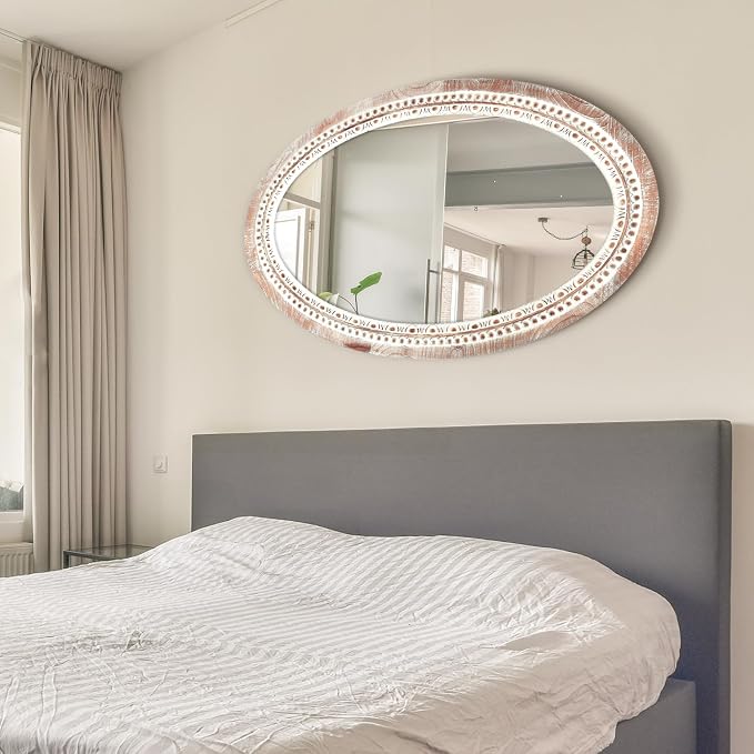 20'' Oval Wall Mounted Mirror, Wood Decorative Circle Mirrors, Boho Mirrors with Beaded Frame, Rustic Vanity Mirror, Distressed Mirror for Bathroom, Living Room, Bedroom, Entryway