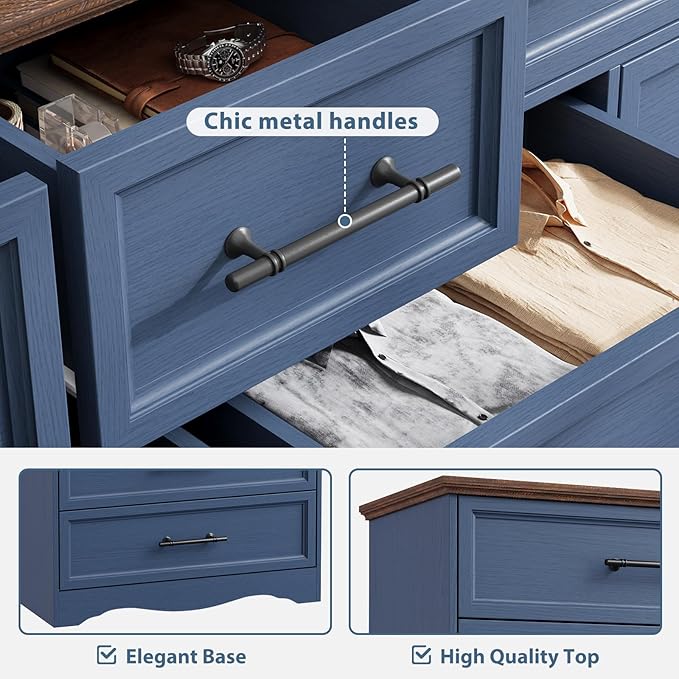 Blue 10 Drawer Dresser for Bedroom, 59" Wide Chest of Drawers w/Brushed Metal Handle, Wood Dresser TV Stand Closet Organizers and Storage Cabinet for Bedroom, Living Room, Hallway