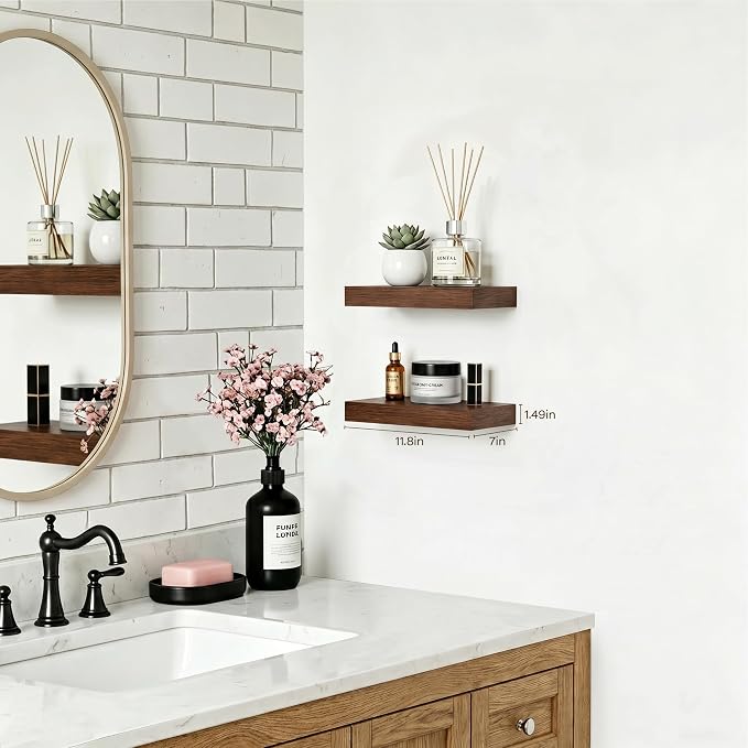Walnut Floating Shelves for Wall Set of 2, 11.8 Inch Small Wood Wall Shelves for Bathroom Over Toilet, Bedroom & Home Office Storage, Wall Mounted Shelves for Books, Decor & Small Plants