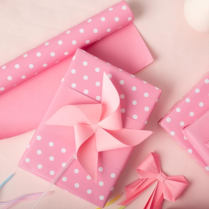 Yarcony Pink Gift Wrapping Paper Roll - 17 Inch X 33 Feet - Lovely Baby Girl Polka Dot Pastel Gift Wrap Paper Birthday Wrapping Present Sheet for Wedding, Baby Shower, Bridal Shower, Valentine's Day