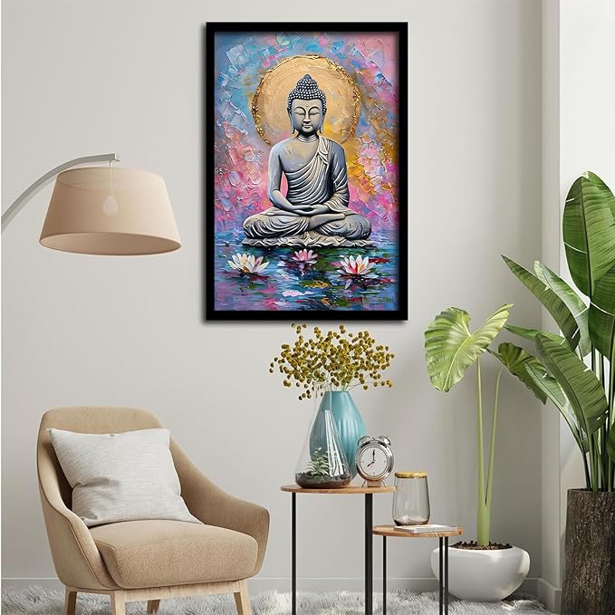 Lotus and golden Buddha meditation tranquil zen wall art mindfulness wall art for spiritual harmony and tranquility decor 12x18in Metal blackFramed